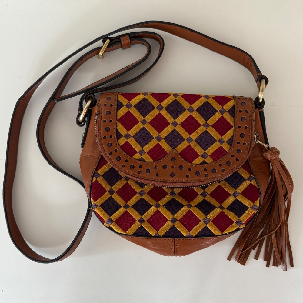 Isabella Fiore Brown Leather Crossbody with Red, Yellow, and Purple Pattern